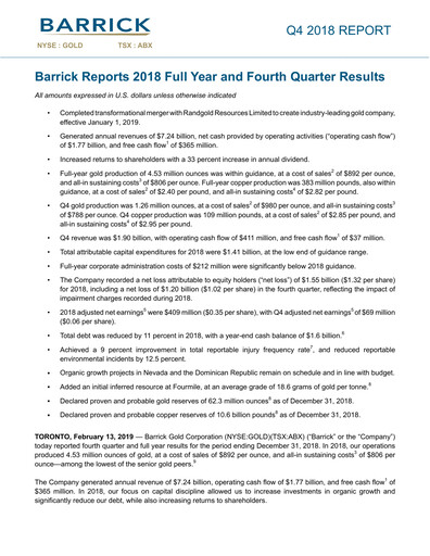 Thumbnail Barrick Gold Financial Statement 2018