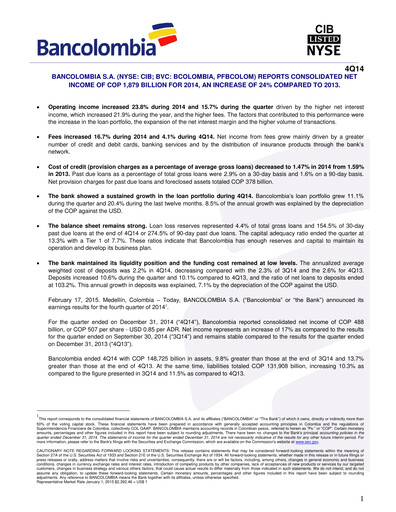 Thumbnail Grupo Cibest (Bancolombia) Financial Statement 2014