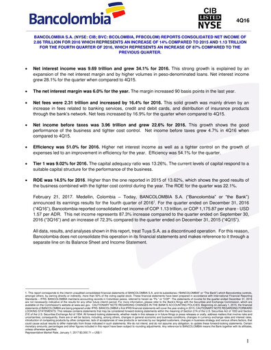 Thumbnail Grupo Cibest (Bancolombia) Financial Statement 2016-h1