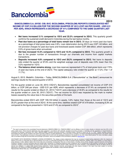 Thumbnail Grupo Cibest (Bancolombia) Quarterly Report 2013-q2