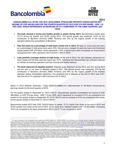 Thumbnail Grupo Cibest (Bancolombia) Quarterly Report 2013-q4