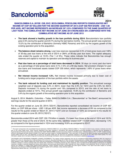 Thumbnail Grupo Cibest (Bancolombia) Quarterly Report 2014-q2