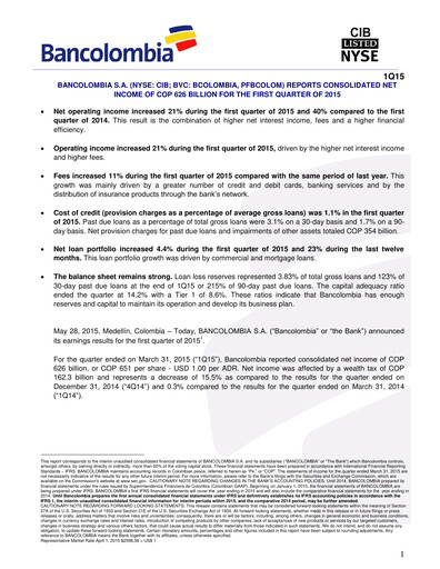 Thumbnail Grupo Cibest (Bancolombia) Quarterly Report 2015-q1
