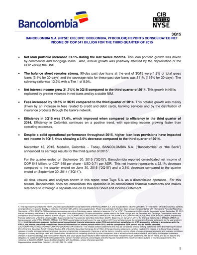 Thumbnail Grupo Cibest (Bancolombia) Quarterly Report 2015-q3