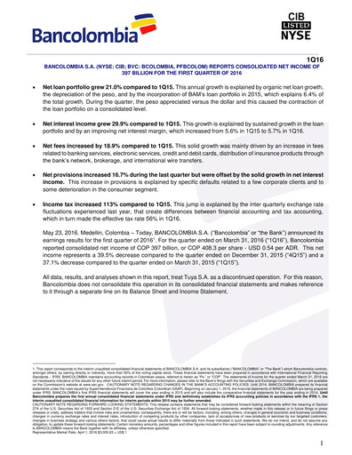 Thumbnail Grupo Cibest (Bancolombia) Quarterly Report 2016-q1