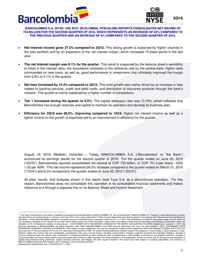Thumbnail Grupo Cibest (Bancolombia) Quarterly Report 2016-q2