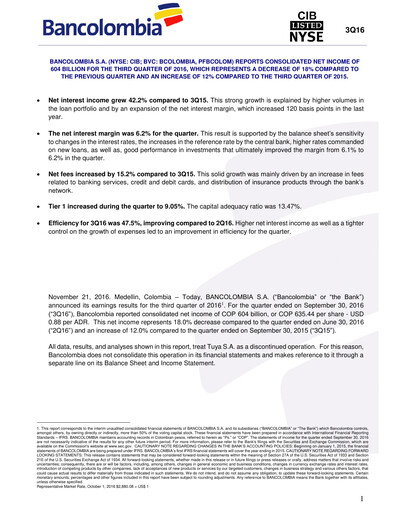 Thumbnail Grupo Cibest (Bancolombia) Quarterly Report 2016-q3