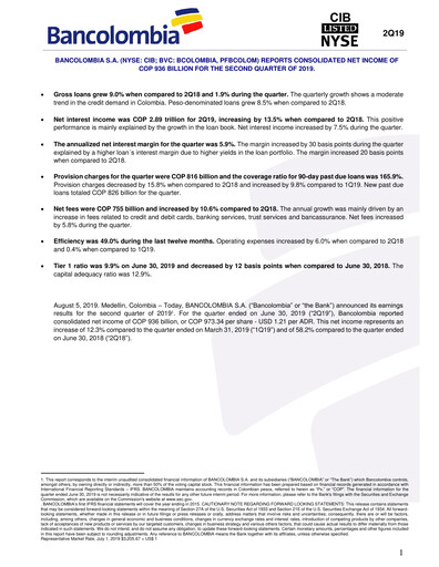 Thumbnail Grupo Cibest (Bancolombia) Quarterly Report 2019-q2