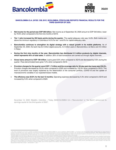 Thumbnail Grupo Cibest (Bancolombia) Quarterly Report 2020-q3