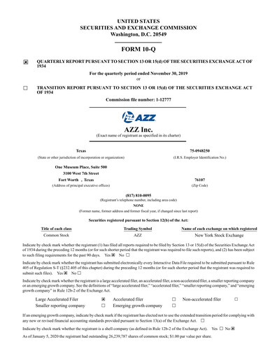 Miniature AZZ Rapport trimestriel 2020-q3