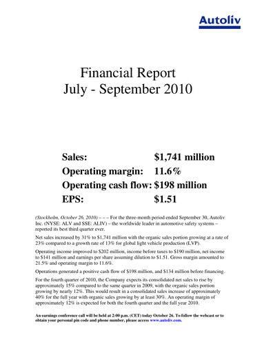Thumbnail Autoliv Quarterly Report 2010-q3
