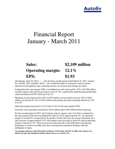 Thumbnail Autoliv Quarterly Report 2011-q1