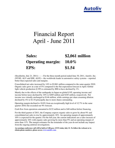 Thumbnail Autoliv Quarterly Report 2011-q2