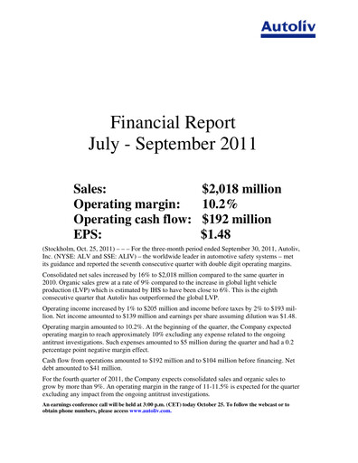 Thumbnail Autoliv Quarterly Report 2011-q3