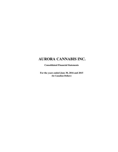 Thumbnail Aurora Cannabis Financial Statement fy2016