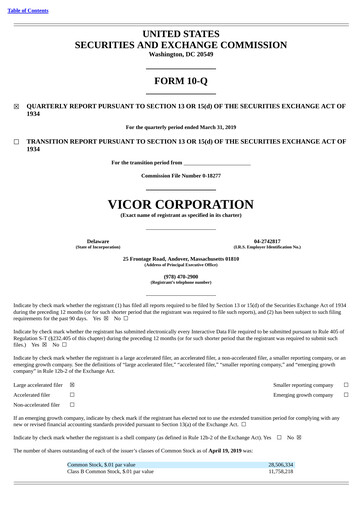 Miniature Vicor
 Rapport trimestriel 2019-q1