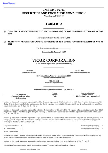 Miniature Vicor
 Rapport trimestriel 2020-q1