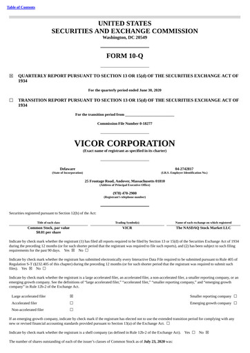 Miniature Vicor
 Rapport trimestriel 2020-q2
