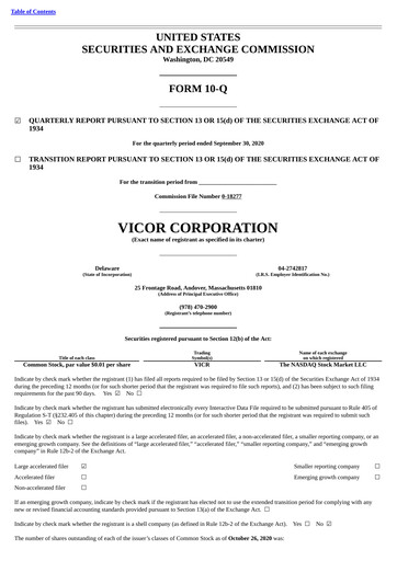 Miniature Vicor
 Rapport trimestriel 2020-q3