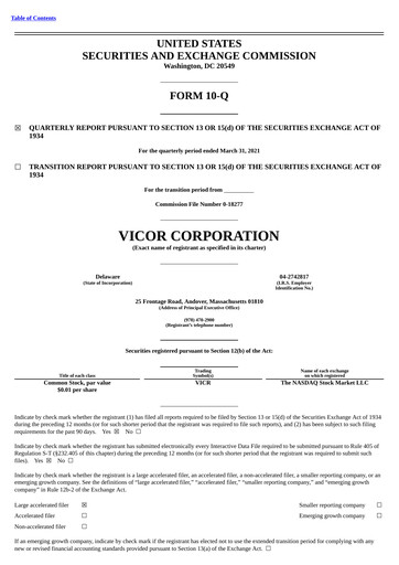 Miniature Vicor
 Rapport trimestriel 2021-q1