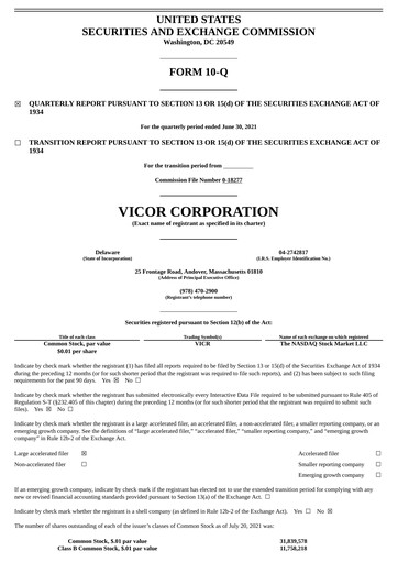 Miniature Vicor
 Rapport trimestriel 2021-q2
