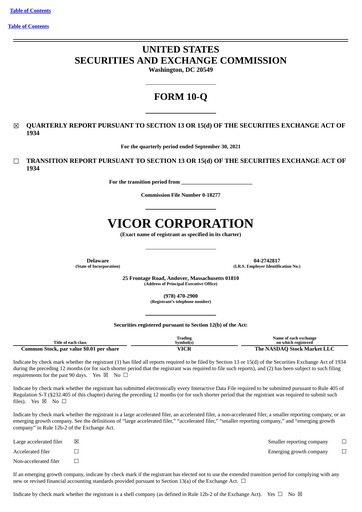 Miniature Vicor
 Rapport trimestriel 2021-q3