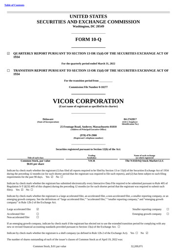 Miniature Vicor
 Rapport trimestriel 2022-q1