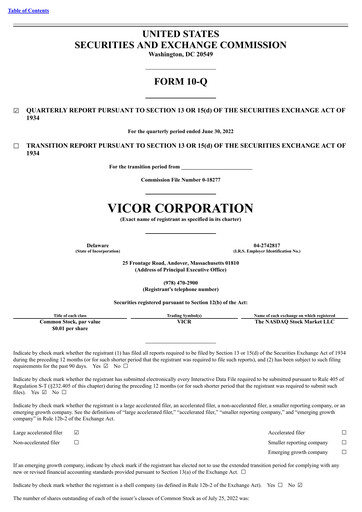 Miniature Vicor
 Rapport trimestriel 2022-q2