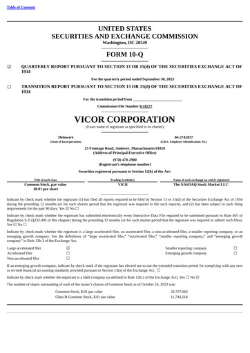Miniature Vicor
 Rapport trimestriel 2023-q3
