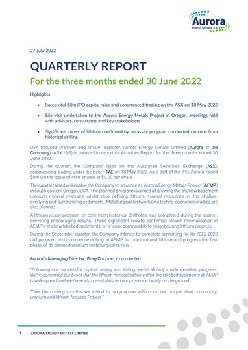 Thumbnail Aurora Energy Metals Quarterly Report 2022-q2