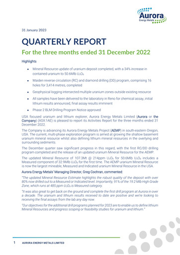 Thumbnail Aurora Energy Metals Quarterly Report 2022-q4