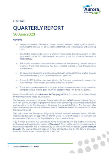 Thumbnail Aurora Energy Metals Quarterly Report 2023-q2