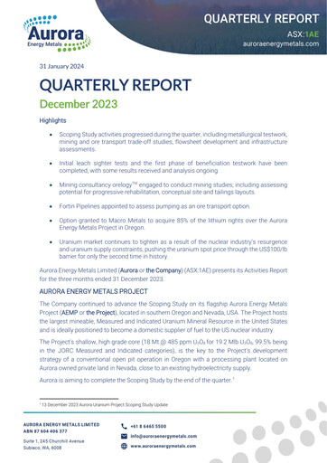 Thumbnail Aurora Energy Metals Quarterly Report 2023-q4