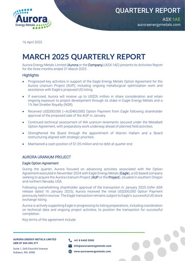 Thumbnail Aurora Energy Metals Quarterly Report 2025-q1