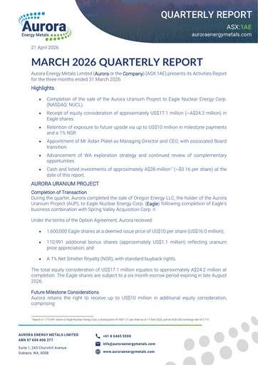 Thumbnail Aurora Energy Metals Quarterly Report 2026-q1