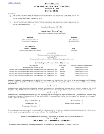 Thumbnail Associated Banc-Corp
 Quarterly Report 2020-q3
