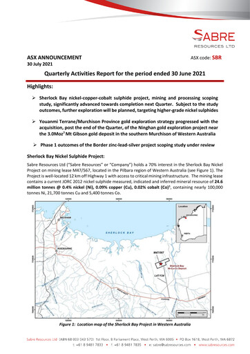 Thumbnail Sabre Resources Quarterly Report 2021-q4