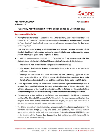 Thumbnail Sabre Resources Quarterly Report 2022-q2