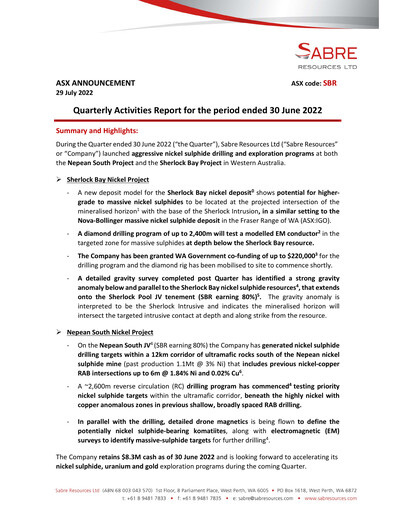 Thumbnail Sabre Resources Quarterly Report 2022-q4