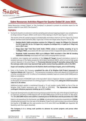 Thumbnail Sabre Resources Quarterly Report 2025-q4
