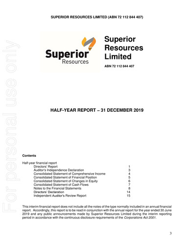 Thumbnail Superior Resources Financial Report 2020-h1