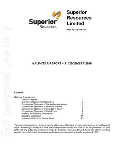 Thumbnail Superior Resources Financial Report 2021-h1