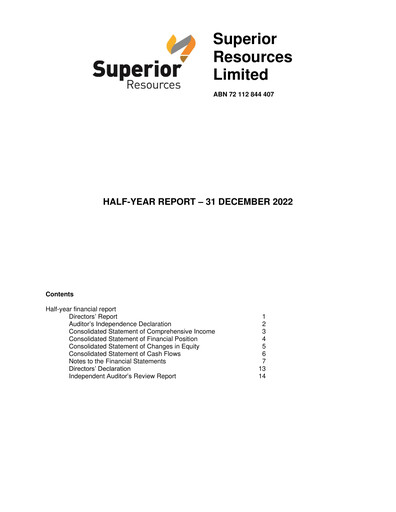 Thumbnail Superior Resources Financial Report 2023-h1
