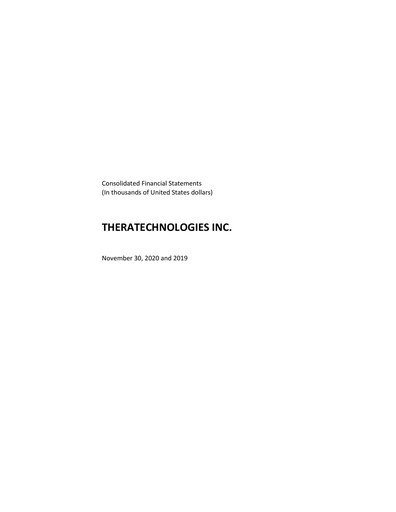 Thumbnail Theratechnologies Financial Statement fy2020