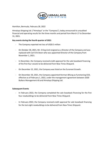Miniature Himalaya Shipping Rapport trimestriel 2021-q4