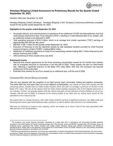 Miniature Himalaya Shipping Rapport trimestriel 2023-q3