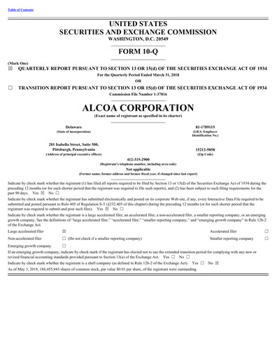 Thumbnail Alcoa Quarterly Report 2018-q1