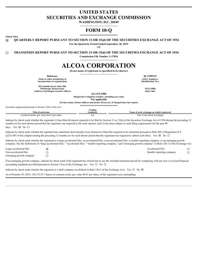 Thumbnail Alcoa Quarterly Report 2019-q3