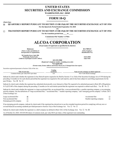 Thumbnail Alcoa Quarterly Report 2020-q3