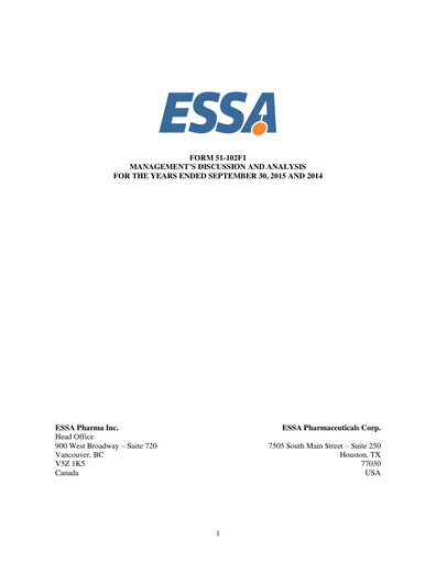 Thumbnail ESSA Pharma Financial Statement fy2015